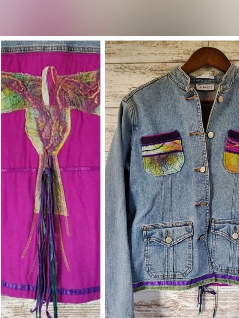 Vintage Villager Liz Claiborne Upcycled Denim Jacket Boho Bird Wearable Art